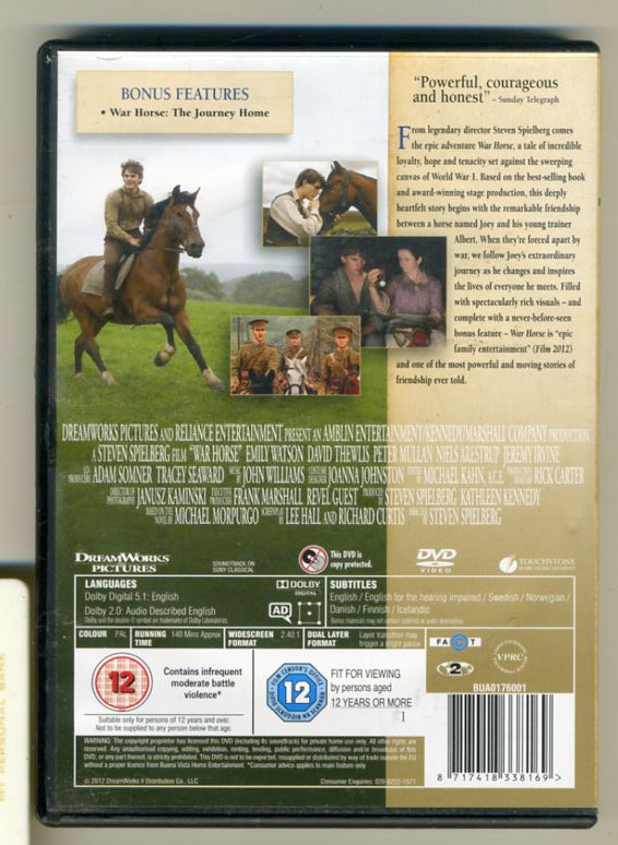 War Horse DVD (2012) Jeremy Irvine, Spielberg (DIR) cert 12 For Cheap